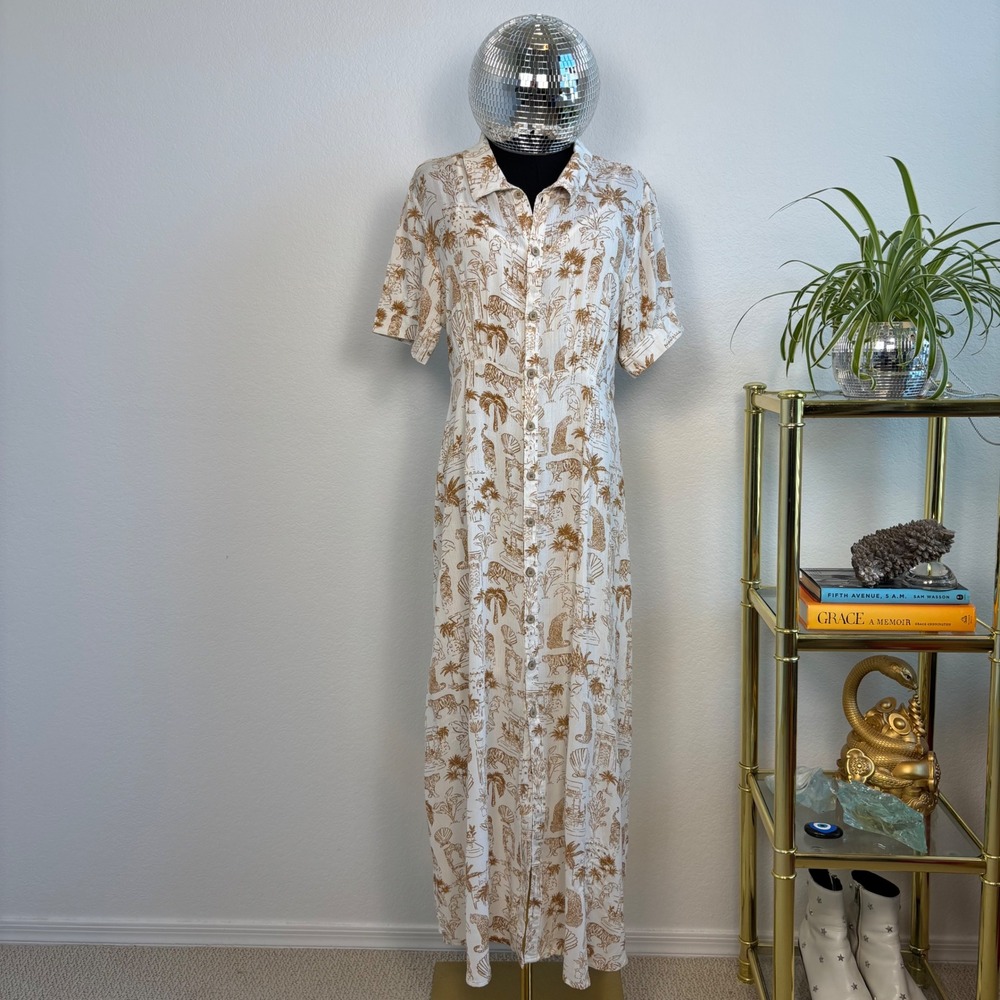 ONeill Tropical Safari Print Button Front Maxi Dress | White Medium NWT travel - Picture 2 of 16